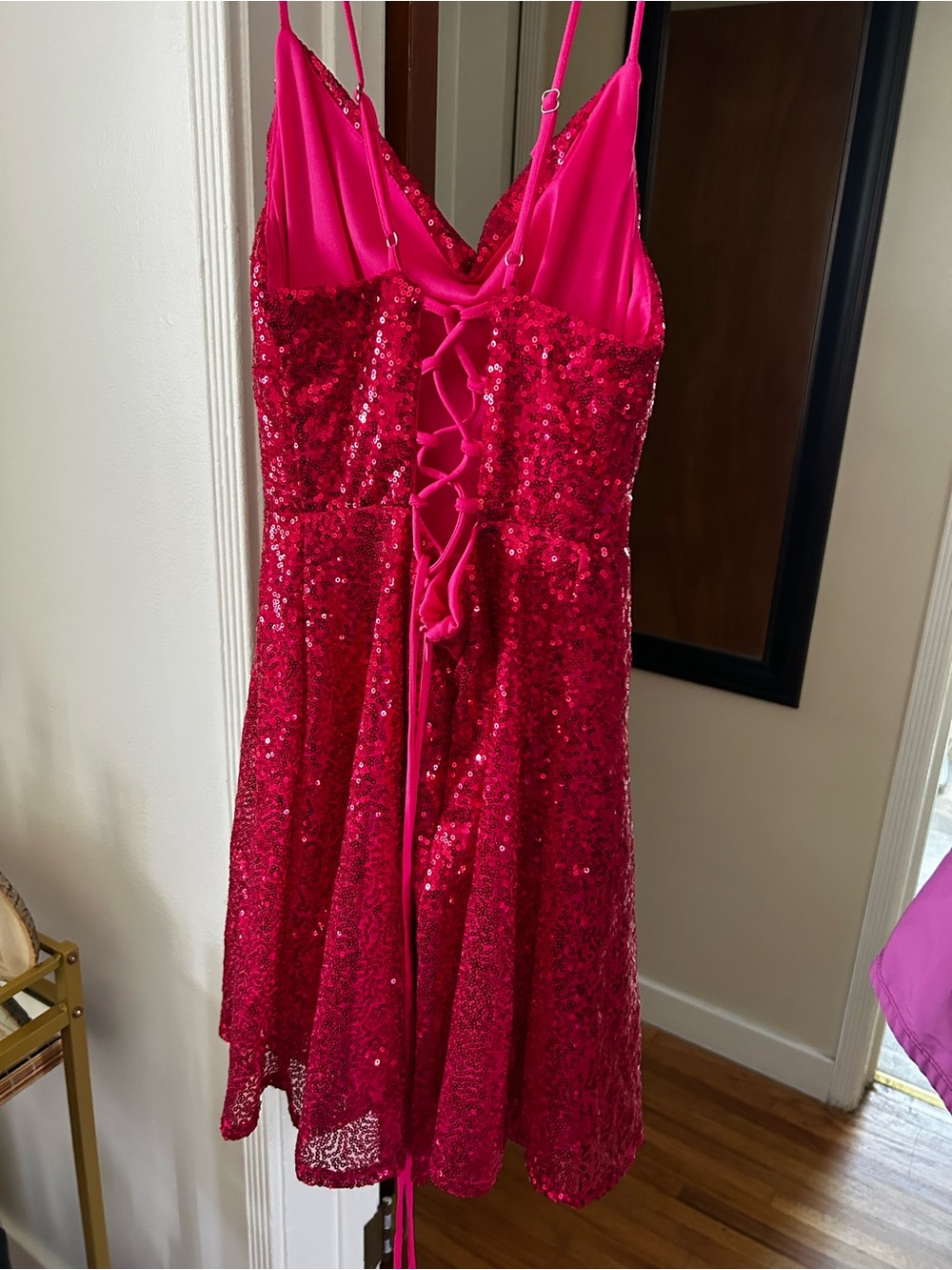 Sequin Spaghetti Strap Party Dress in Vibrant Hot pink - Picture 2 of 4